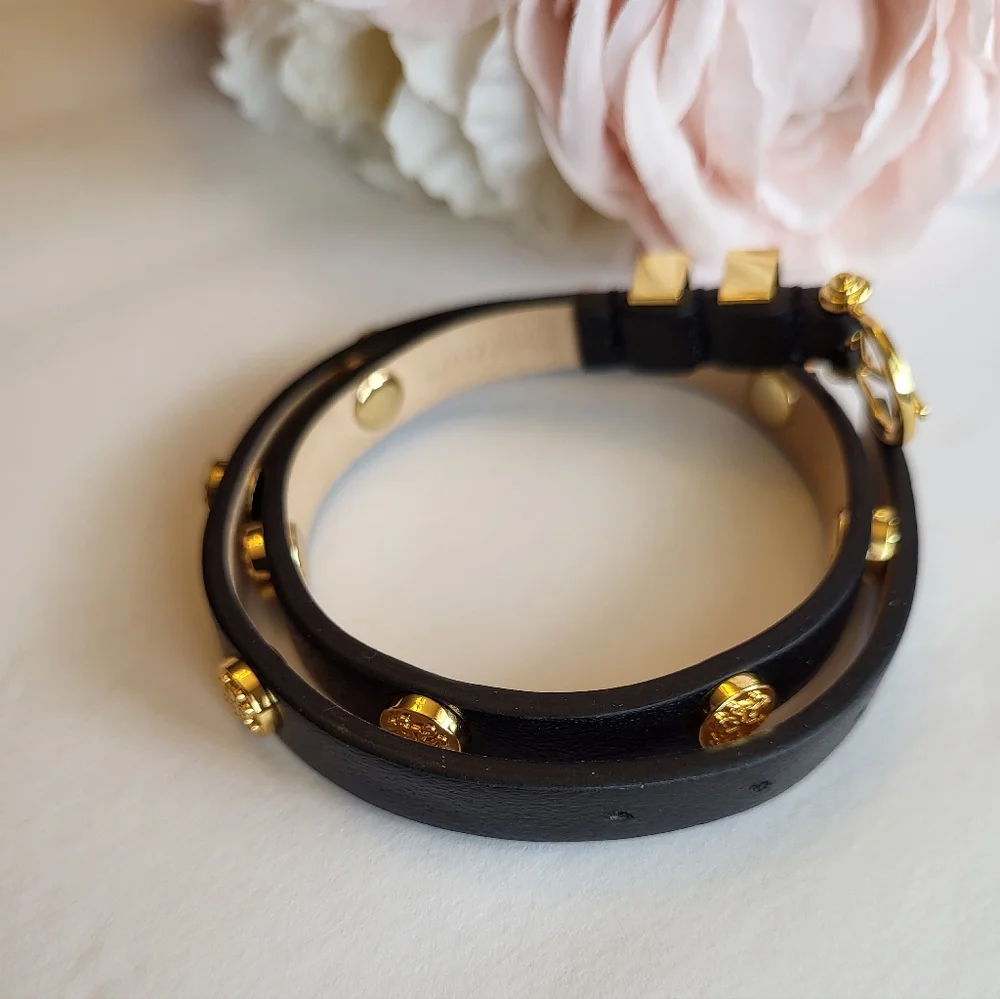 Rustic Cuff Black Leather Double Wrap Bracelet Studs Buckle Closure Goldtone - Picture 5 of 11